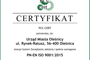 Urząd Miasta Oleśnicy z certyfikatem PN-EN ISO 9001:2015
